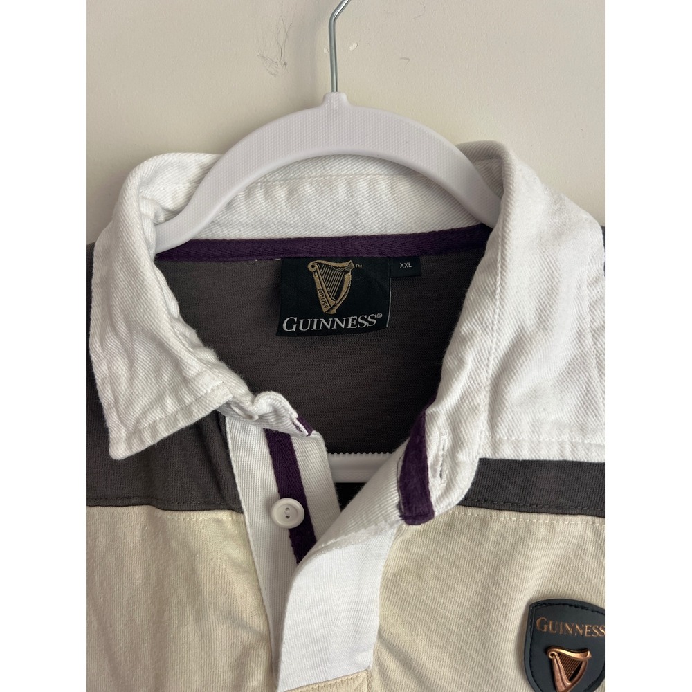Guinness Mens Striped Rugby Shirt XXL Grey Cream Cotton Elbow Patches 1759 Harp - Picture 3 of 10
